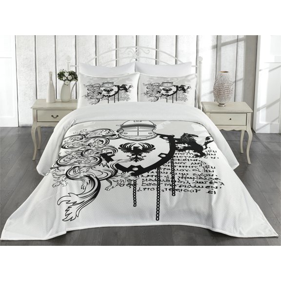 Ambesonne Black White Quilted Coverlet 3 Pcs, Medieval Knight, King Size, Black White