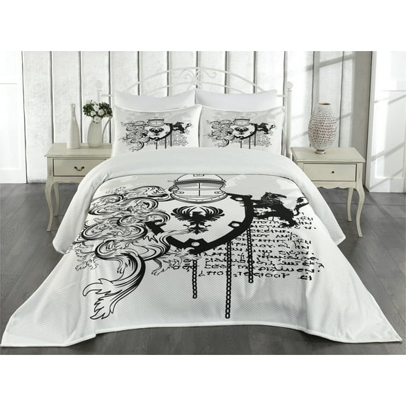 Ambesonne Black White Quilted Coverlet 3 Pcs, Medieval Knight, King Size, Black White
