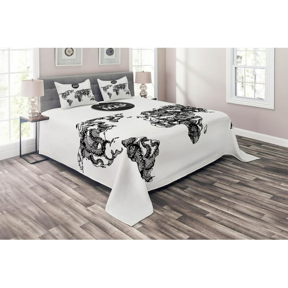 Ambesonne Black White Quilted Coverlet 3 Pcs, Octopus World Map, Queen Size, Black White