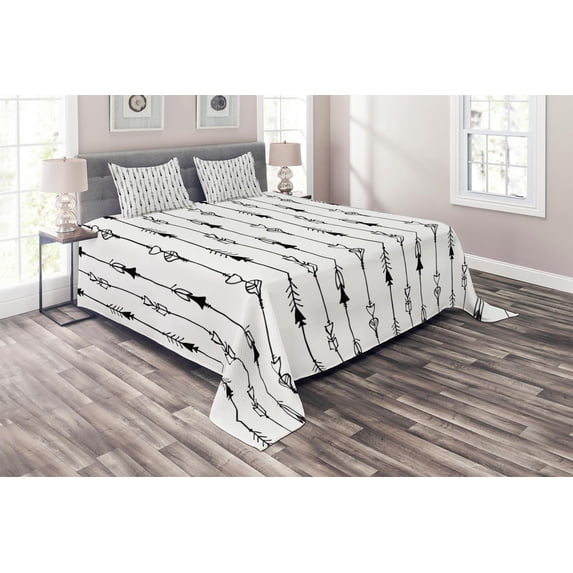 Ambesonne Black White Quilted Coverlet 3 Pcs, Tribe Vintage Arrow, Queen Size, Black and White