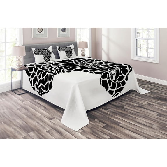 Ambesonne Black White Quilted Coverlet 3 Pcs, Wild Animal Print Map, King Size, White and Black