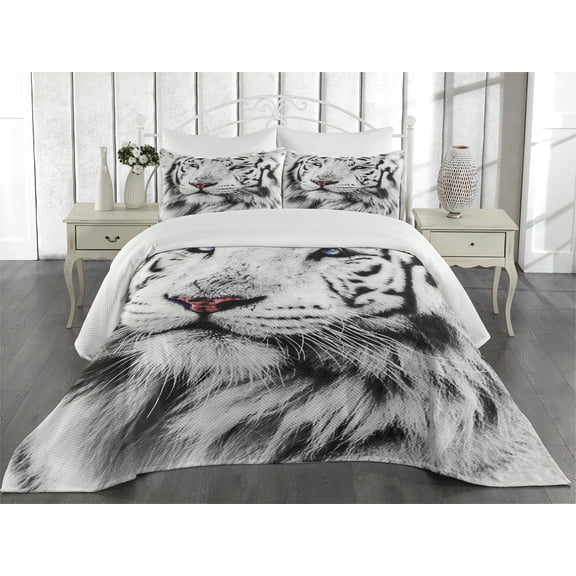 Ambesonne Black White Quilted Coverlet 3 Pcs, Winter White Tiger, King Size, White Black and Grey