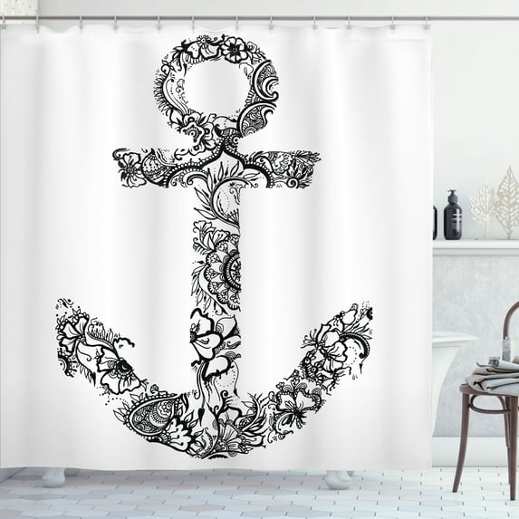 Ambesonne Black White Shower Curtain, Anchor Shape Flower, 69"Wx84"L, Black White