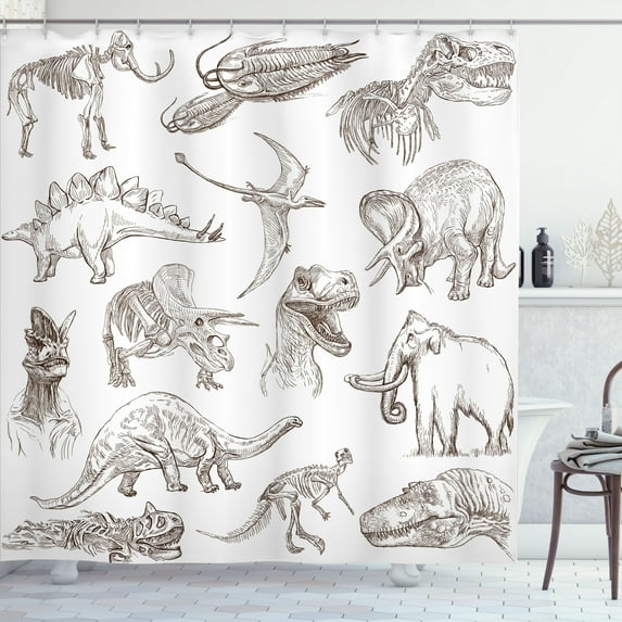 Ambesonne Black White Shower Curtain, Dinosaurs Skeleton, 69"Wx75"L, Dark Brown White