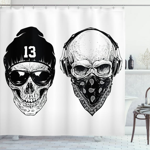 Ambesonne Black White Shower Curtain, Funny Skull Band, 69"Wx84"L, Black White
