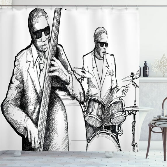Ambesonne Black White Shower Curtain, Jazz Band Musicians, 69"Wx84"L, Black White