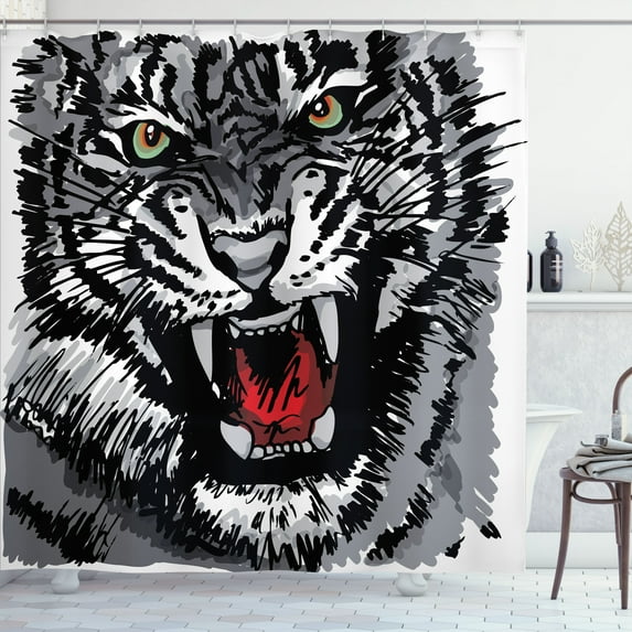 Ambesonne Black White Shower Curtain, Tiger Roars, 69"Wx84"L, White Black Grey
