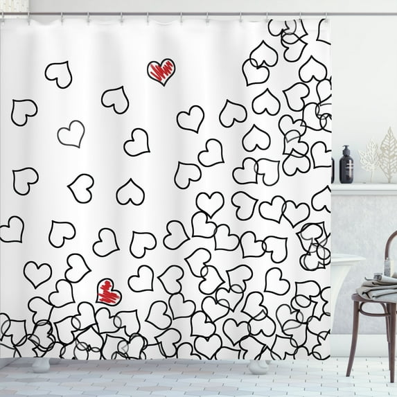Ambesonne Black White Shower Curtain, Wedding Heart Shape, 69"Wx75"L, Black White Red
