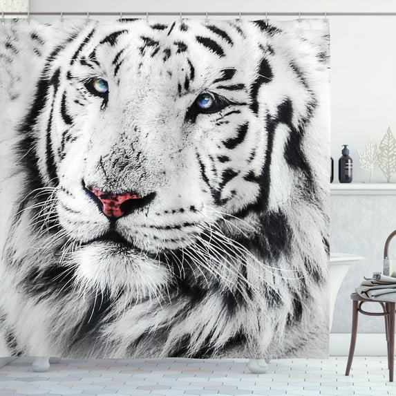Ambesonne Black White Shower Curtain, Winter White Tiger, 69"Wx84"L, White Black and Grey