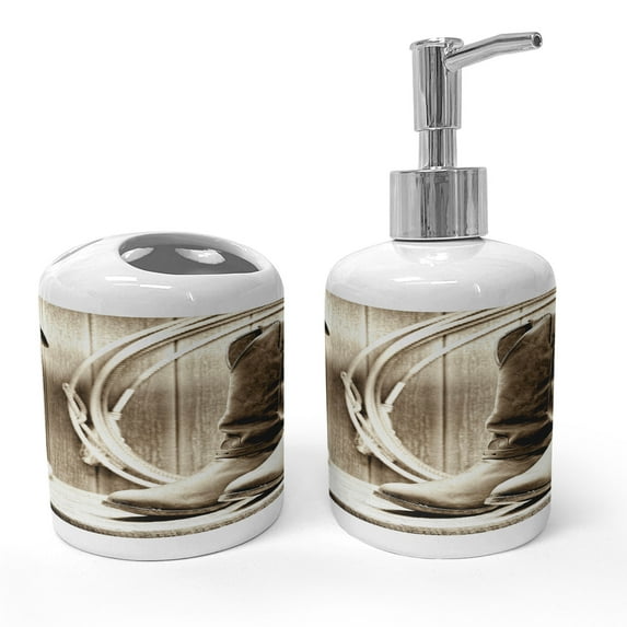 Ambesonne Black White Soap Dispenser & Toothbrush Holder Set, Wild Vintage Rodeo, 2 Pcs, Sepia and Beige