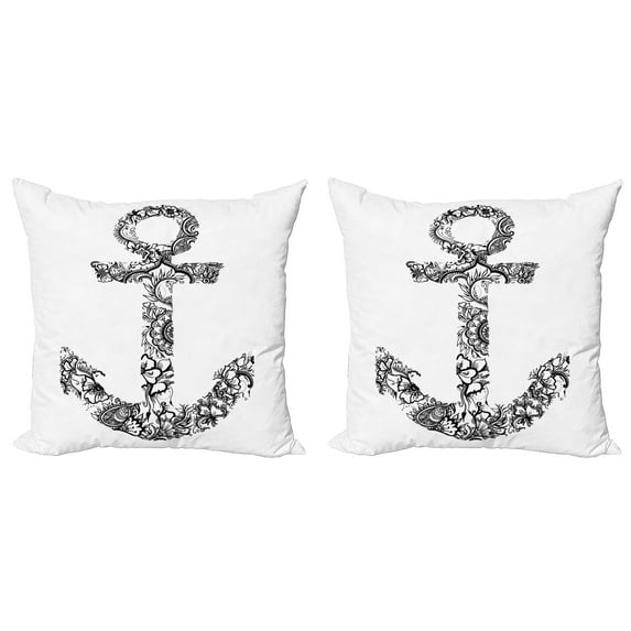 Ambesonne Black White Throw Pillow Cover 2 Pack, Anchor Shape Flower, 20", Black White