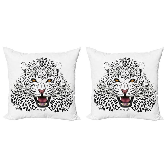 Ambesonne Black White Throw Pillow Cover 2 Pack, Angry Wild Leopard, 16", Amber White and Black