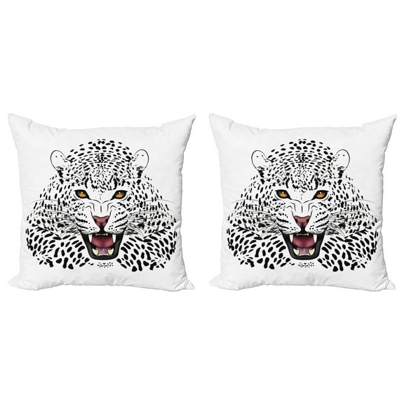 Ambesonne Black White Throw Pillow Cover 2 Pack, Angry Wild Leopard, 20", Amber White and Black