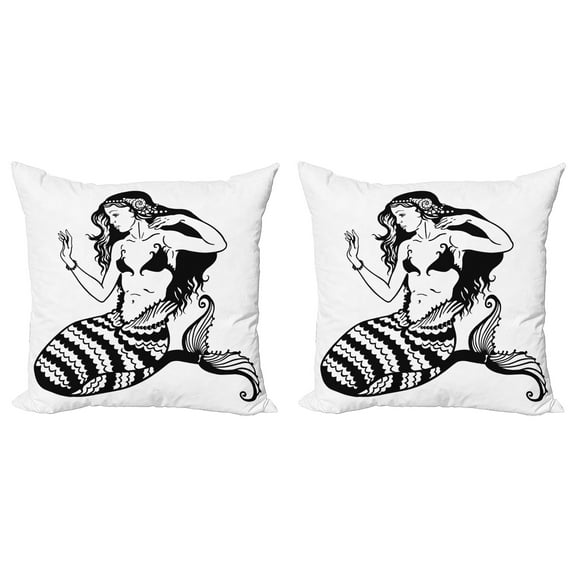 Ambesonne Black White Throw Pillow Cover 2 Pack, Fish Tailed Young Girl, 20", White and Black