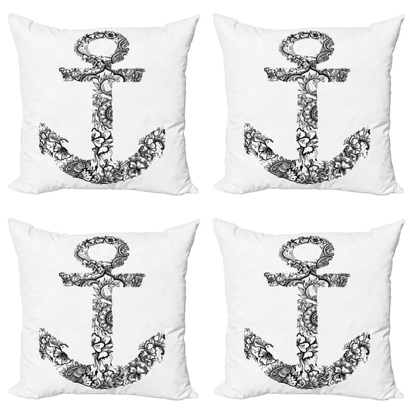 Ambesonne Black White Throw Pillow Cover 4 Pack, Anchor Shape Flower, 24", Black White