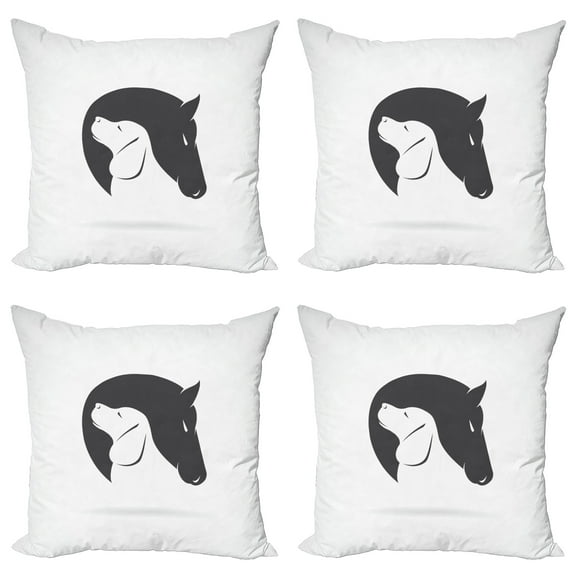 Ambesonne Black White Throw Pillow Cover 4 Pack, Dog Horse Friend, 16", Black White