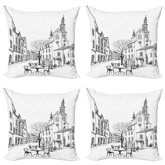 Ambesonne Black White Throw Pillow Cover 4 Pack, Old City Sketch, 20", Black White