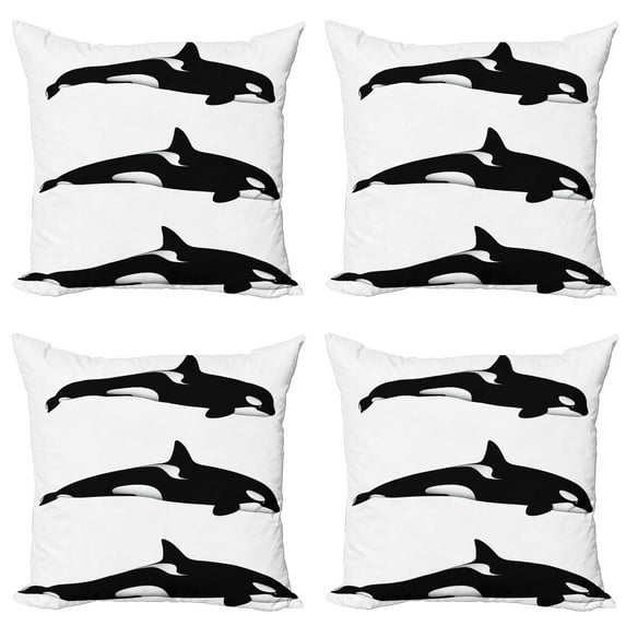 Ambesonne Black White Throw Pillow Cover 4 Pack, Orca Killer Whales, 16", Black and White