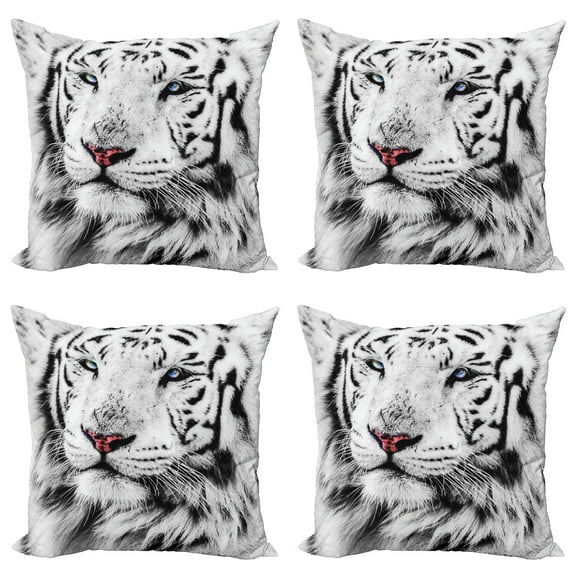 Ambesonne Black White Throw Pillow Cover 4 Pack, Winter White Tiger, 18", White Black and Grey