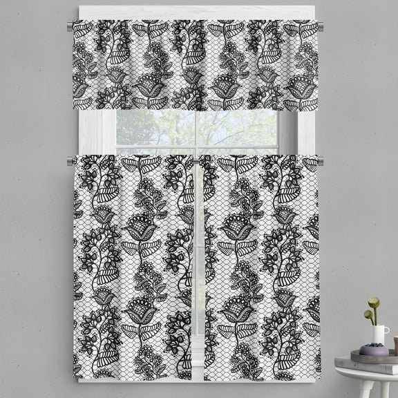 Ambesonne Black White Valance & Curtain, Lace Style Floral, 55"x24", Black White