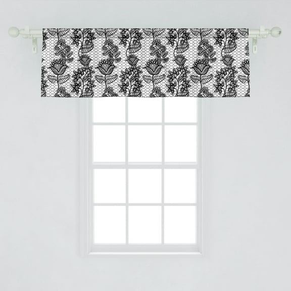 Ambesonne Black and White Window Valance, Lace Style Victorian Flower Motifs on Wavy Backdrop Western Girls Pattern, Curtain Valance for Kitchen Bedroom Decor with Rod Pocket, 54" X 18", Black White
