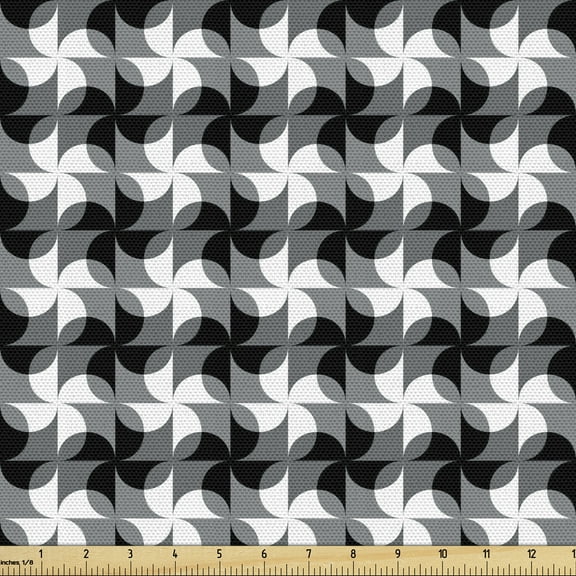Ambesonne Black and Grey Fabric by the Yard Upholstery, Pinwheel Circles, 2 Yards, Black Grey White