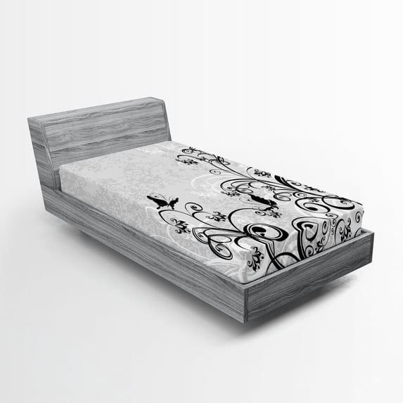 Ambesonne Black and Grey Fitted Sheet, Floral and Grunge, Twin Size, Charcoal Grey Pale Taupe