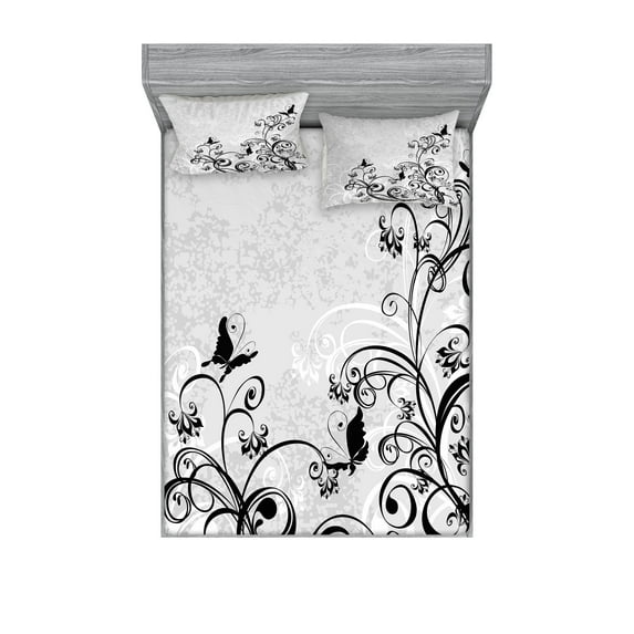 Ambesonne Black and Grey Fitted Sheet & Pillow Sham Set, Floral and Grunge, Full, Charcoal Grey Pale Taupe