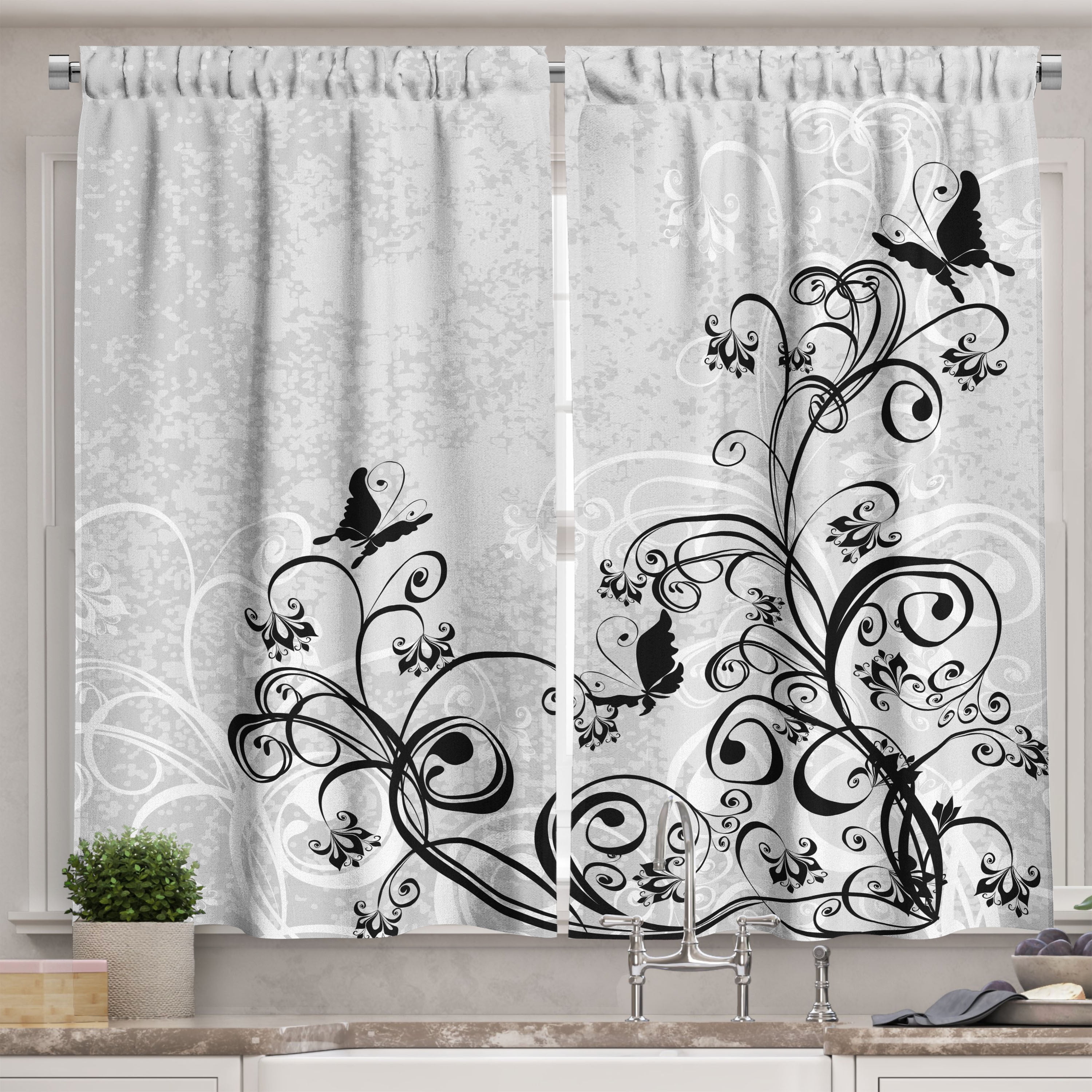 Ambesonne Black and Grey Kitchen Curtains, Floral and Grunge, 55"x39