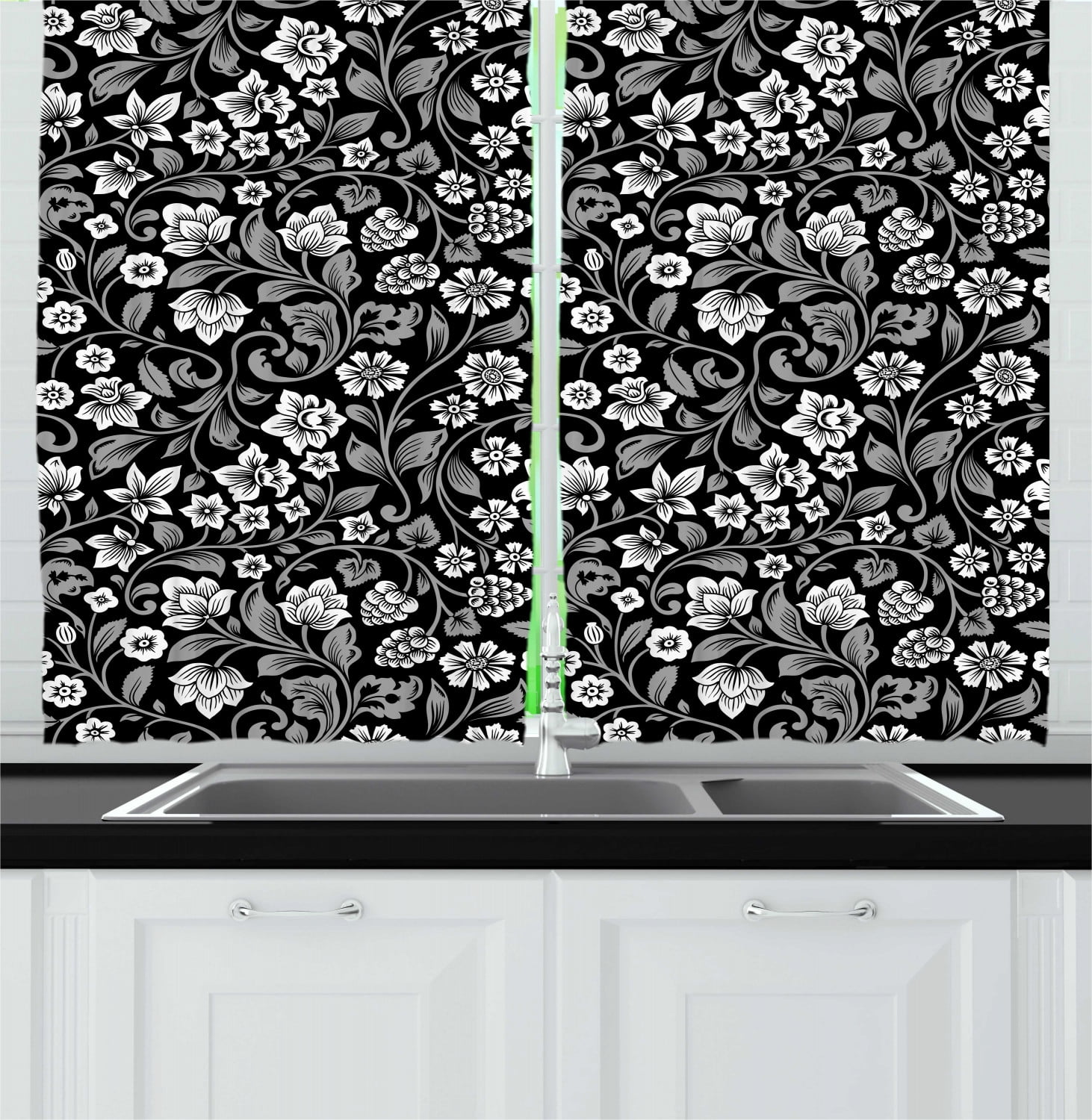Ambesonne Black and Grey Kitchen Curtains, Floral with Berries, 55"x39