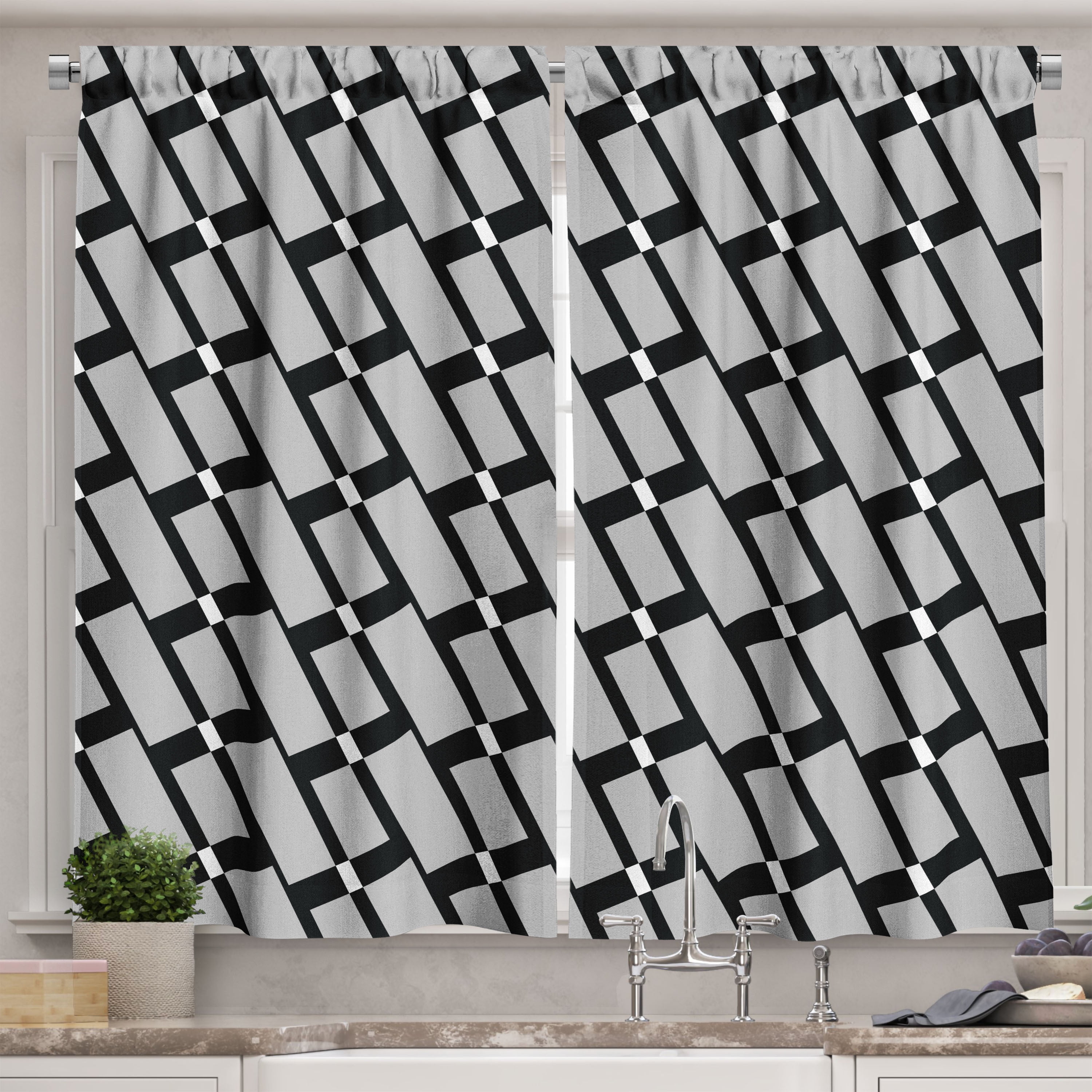 Ambesonne Black and Grey Kitchen Curtains, Monotone Shapes, 55"x45