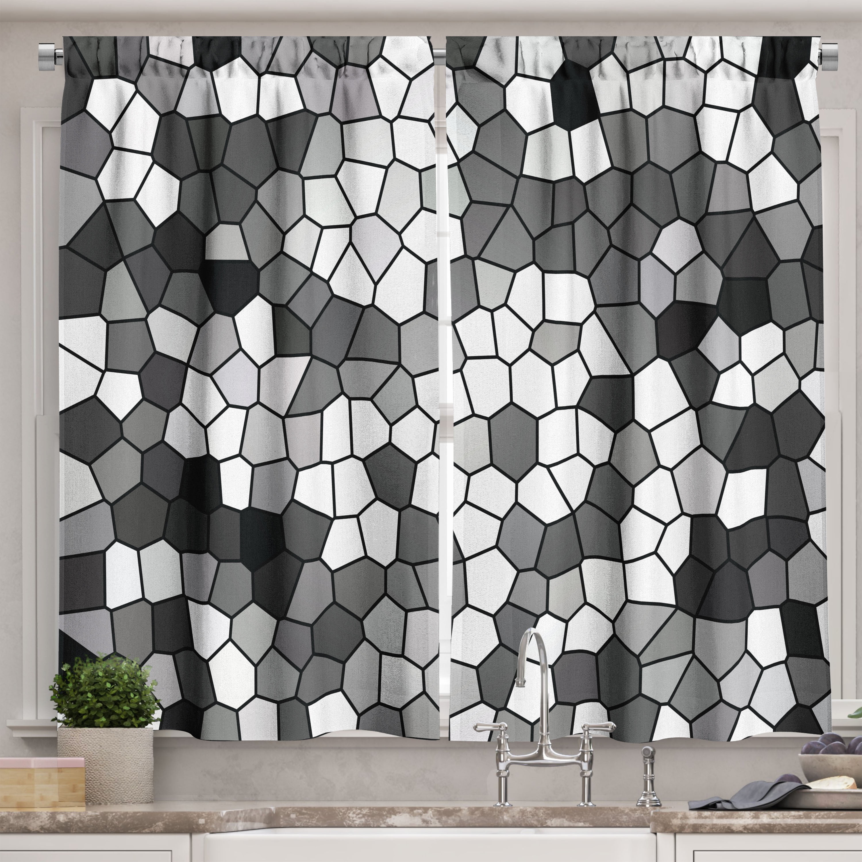 Ambesonne Black and Grey Kitchen Curtains, Stained Glass Mosaic, 55"x45