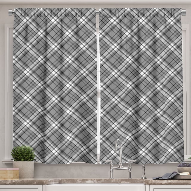 Ambesonne Black and Grey Kitchen Curtains, Tartan Geometrical, 55"x39