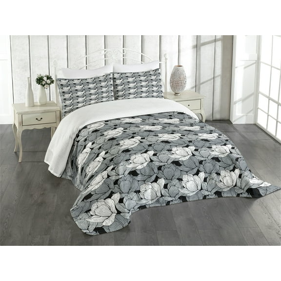 Ambesonne Black and Grey Quilted Bedspread Set 3 Pcs, Lotus, King Size, Black Grey White