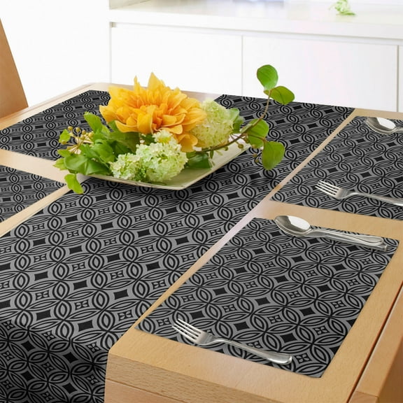Ambesonne Black and Grey Table Runner & Placemats, Antique Floral Tiles, Placemat 4 pcs + Runner 12"x72", Black and Grey