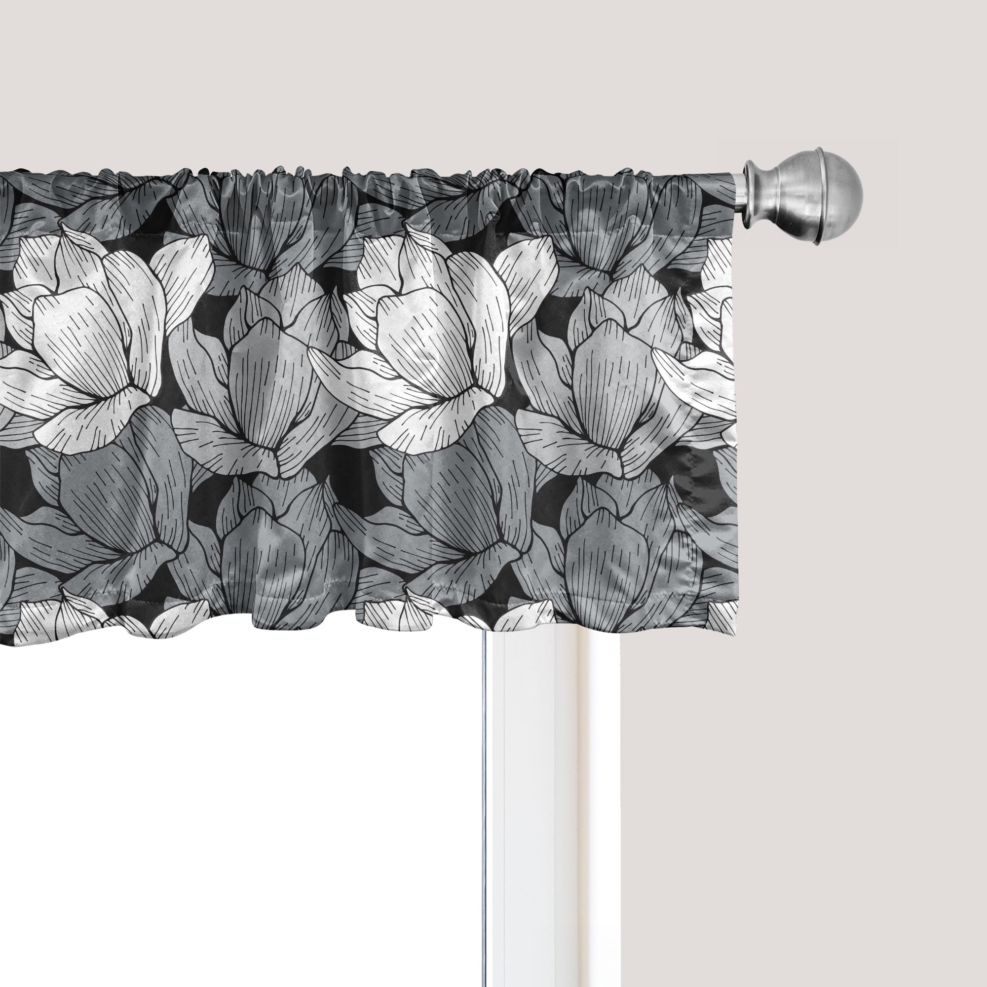 Black and White Floral Polyester Rod Pocket Valance