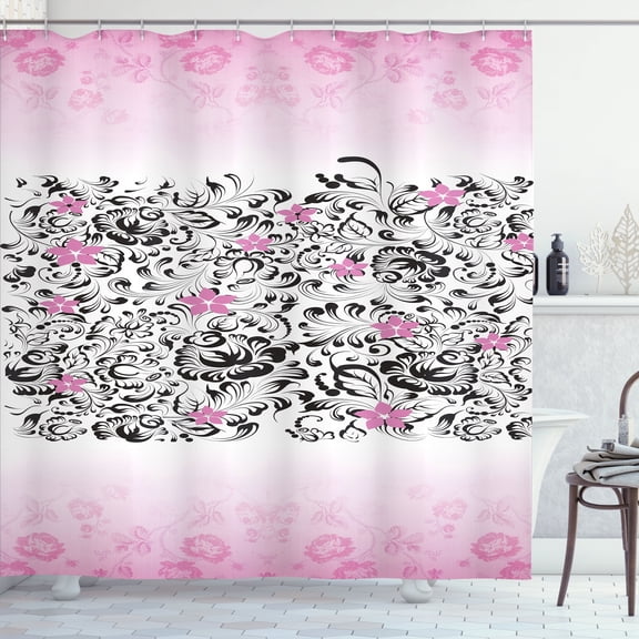 Ambesonne Black and Pink Shower Curtain, Swirling Flowes, 69"Wx70"L, Pink and Charcoal Grey