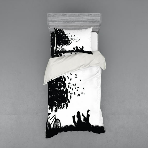 Ambesonne Black and White Bedding Set 3 Pcs, Girl with Bike, Twin, Black and White