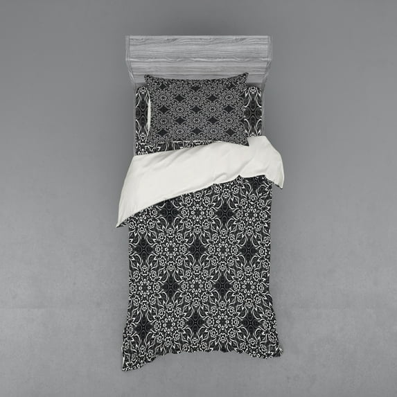Ambesonne Black and White Bedding Set 3 Pcs, Leaf Composition, Twin, Black White