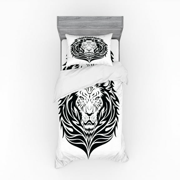 Ambesonne Black and White Bedding Set 3 Pcs, Lion Portrait, Twin XL, Black and White
