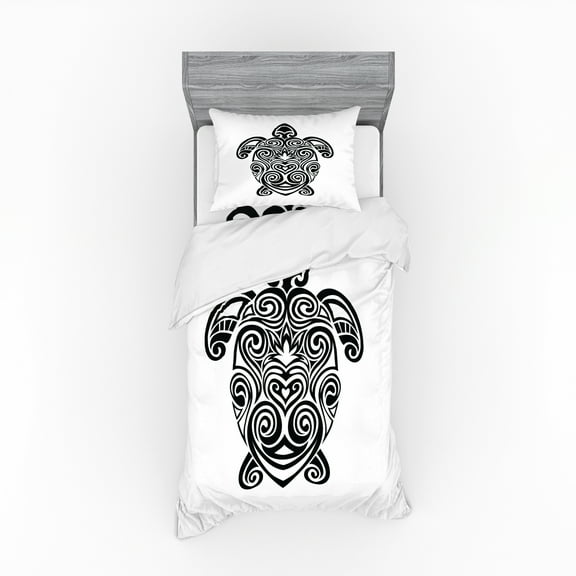 Ambesonne Black and White Bedding Set 3 Pcs, Maori Turtle, Twin XL, Black and White