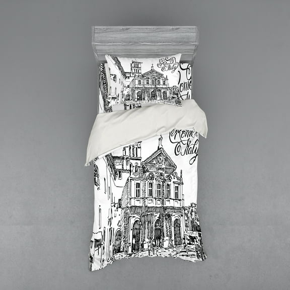 Ambesonne Black and White Bedding Set 3 Pcs, Scenery of Rome, Twin XL, Black and White