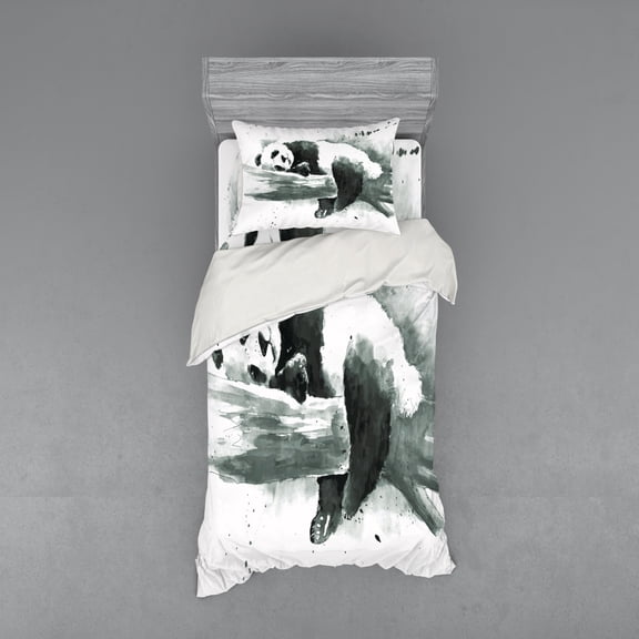Ambesonne Black and White Bedding Set 3 Pcs, Sleeping Panda, Twin, Black White