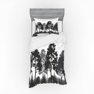 Ambesonne Black and White Bedding Set 3 Pcs, Summer Forest, Twin, Grey White Charcoal Grey