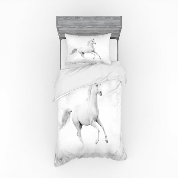 Ambesonne Black and White Bedding Set 3 Pcs, White Stallion, Twin, White and Black