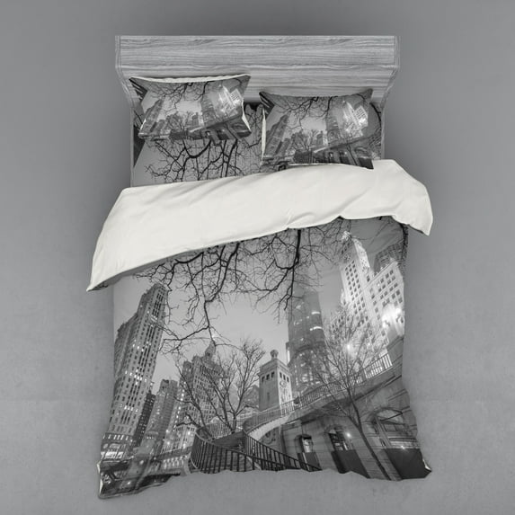 Ambesonne Black and White Bedding Set 4 Pcs, Chicago City, Queen, Grey Black White