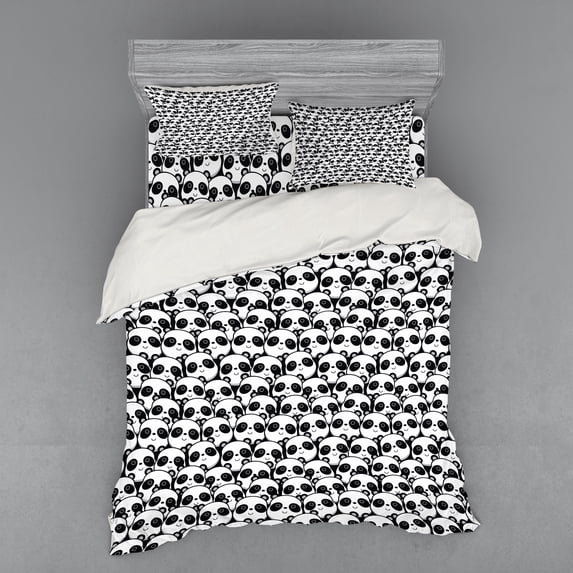Ambesonne Black and White Bedding Set 4 Pcs, Chinese Bears, Queen, Black White