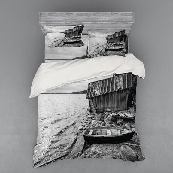 Ambesonne Black and White Bedding Set 4 Pcs, Fishing Boat, Queen, Grey