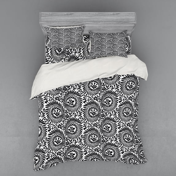 Ambesonne Black and White Bedding Set 4 Pcs, Foliage Victorian, Queen, Black White