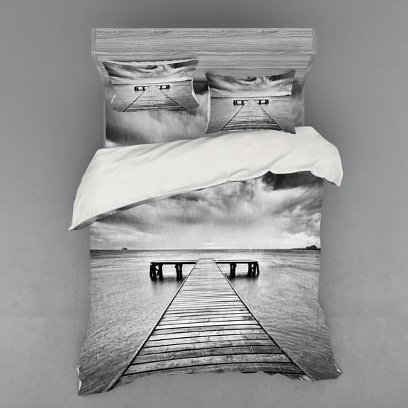Ambesonne Black and White Bedding Set 4 Pcs, Old Pier on Sea, Queen, Black and White